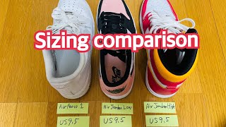 Sizing comparison Air Force 1 vs Air Jordan 1 Low OG vs Air Jordan 1 High [upl. by Annairt]