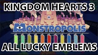 KH3 Monstropolis  All Lucky Emblems Locations Mickey Emblems [upl. by Avlem]