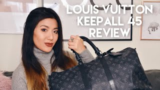 LOUIS VUITTON KEEPALL BANDOULIERE 45 IN DEPTH REVIEW MONOGRAM ECLIPSE  MELLONCELLO [upl. by Paxton]