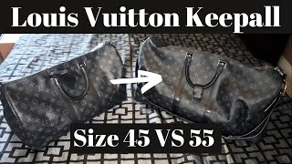 Louis Vuitton Keepall SIZE COMPARISON Monogram Eclipse 45 vs 55 Duffle Virgil Abloh LV Bandouliere [upl. by Llesirg]