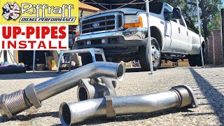 2001 F350 73  RiffRaff UpPipes Install  Stock up pipes leaking and falling apart JUNK SP [upl. by Kcirddot]