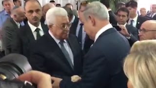 Abbas Netanyahu shake hands at Shimon Peres funera [upl. by Aicylla304]