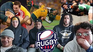 AMERICAN FOOTBALL PLAYERS REACT TO RUGBY BIGGEST HITS [upl. by Anaahs]